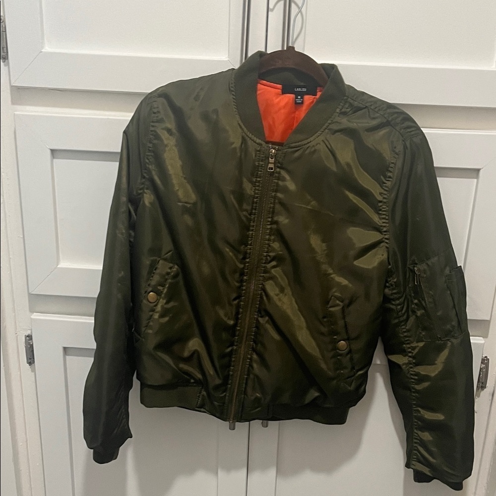 Olive Green Bomber Jacket with Orange Lining